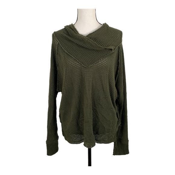 Elan Olive Green Cowl Neck Waffle Weave‎ Long Sleeve Top Sz XL - Picture 1 of 5